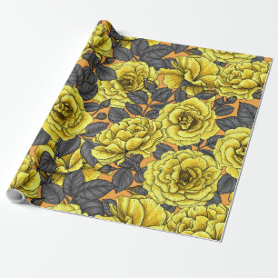 Papel De Regalo Rosas amarillas con hojas grises en naranja