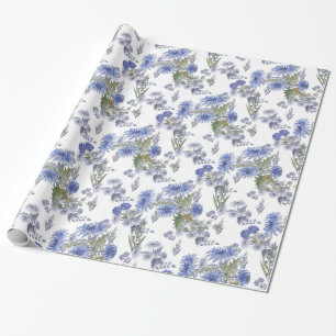 Papel De Regalo Rosas azul acuarela flores plumas blancas
