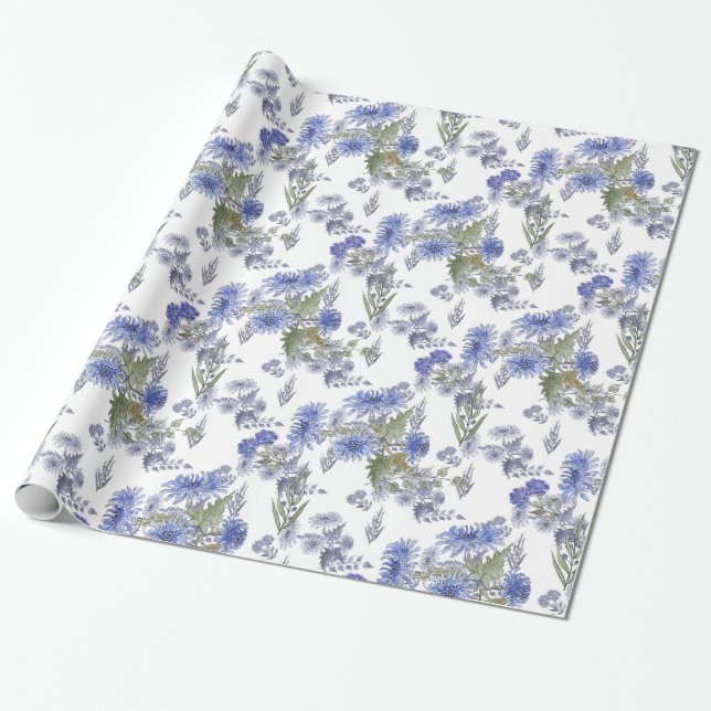 Papel De Regalo Rosas azul acuarela flores plumas blancas (Desenrollado)