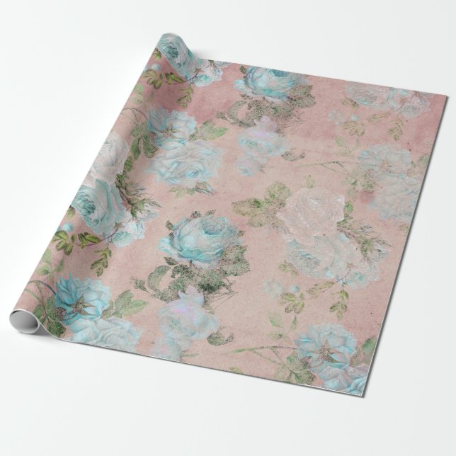 Papel De Regalo Rosas azules en Rubor Pink (Desenrollado)