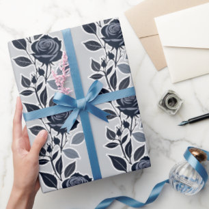 Papel De Regalo Rosas Azules Oscuras Con Hojas Plateadas