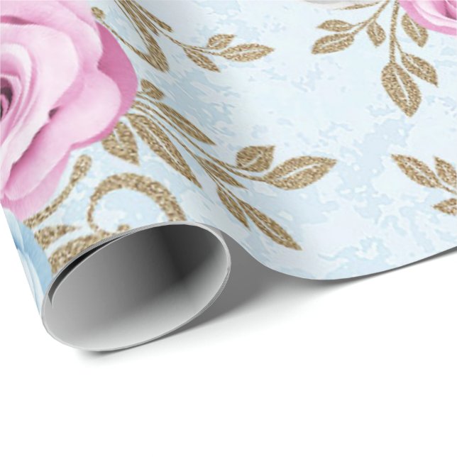 Papel De Regalo Rosas azules rosados Damasco dorado Antonietta bar (Esquina del rollo)