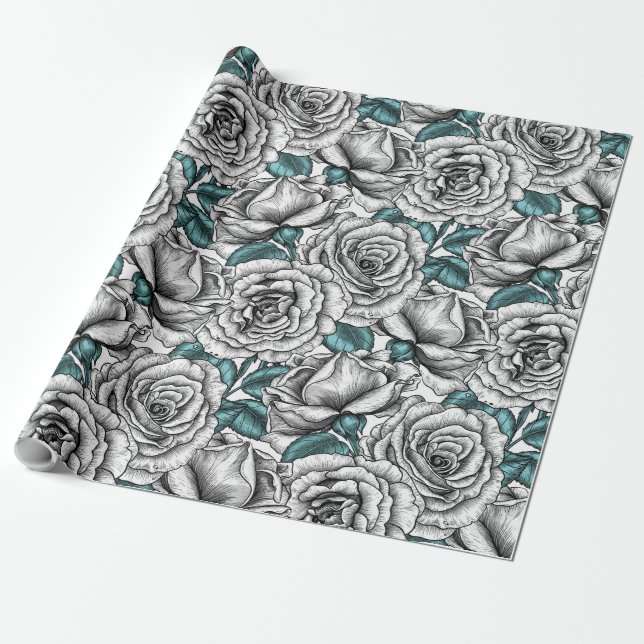 Papel De Regalo Rosas blancas con hojas azules (Desenrollado)