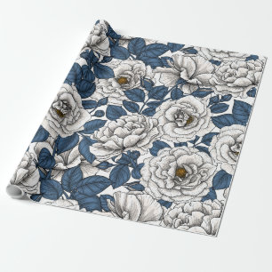 Papel De Regalo Rosas blancas con hojas azules en blanco