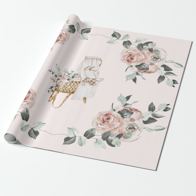 Papel De Regalo Rosas Boho Oh Baby Brown y Bassinet Rosa (Desenrollado)