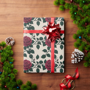 Papel De Regalo Rosas Carmesí Brillantes Con Hojas Verde Oscuro