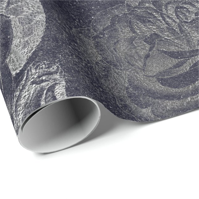 Papel De Regalo Rosas Cemento floral metálico Gris Muro negro (Esquina del rollo)