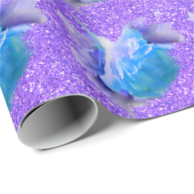 Papel De Regalo Rosas de acuarela azul, purpurina morado romántico (Esquina del rollo)
