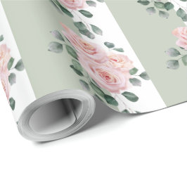 Papel De Regalo Rosas de acuarela de franja blanca y verde claro