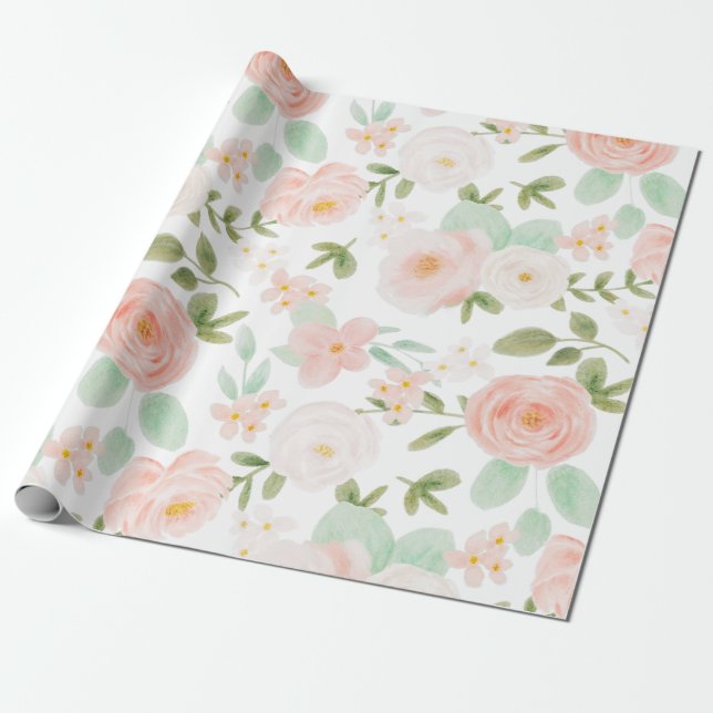 Papel De Regalo Rosas de acuarela florecen en rosa y rosa (Desenrollado)