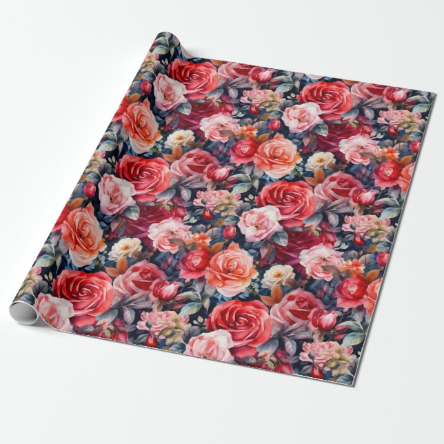 Papel De Regalo Rosas de acuarela (oscuro) (Desenrollado)