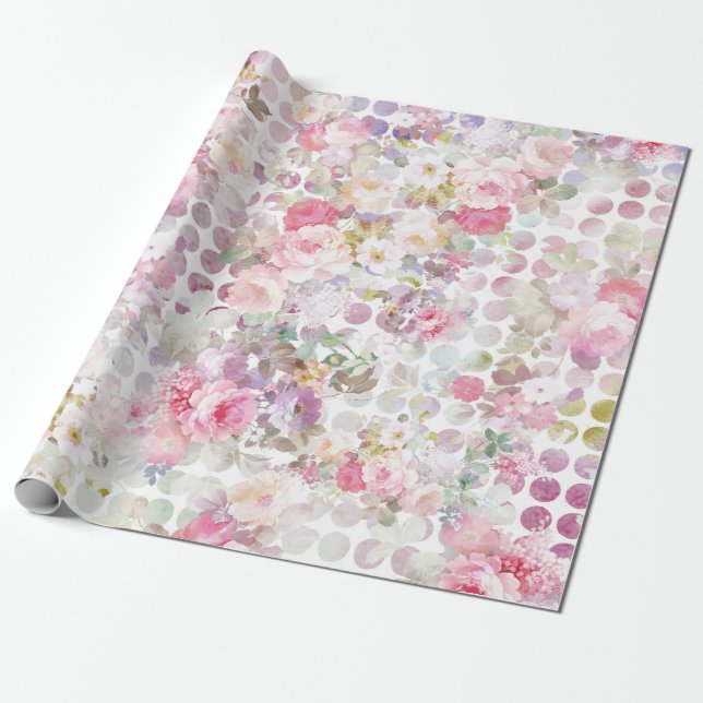 Papel De Regalo Rosas de acuarela rosada de época con puntos de po (Desenrollado)