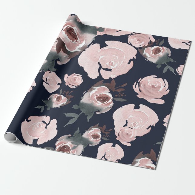 Papel De Regalo Rosas de acuarela rosadas fiesta floral azul marin (Desenrollado)