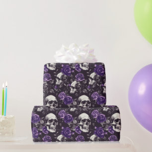 Papel De Regalo Rosas de cráneo gótico negro morado envolviendo pa