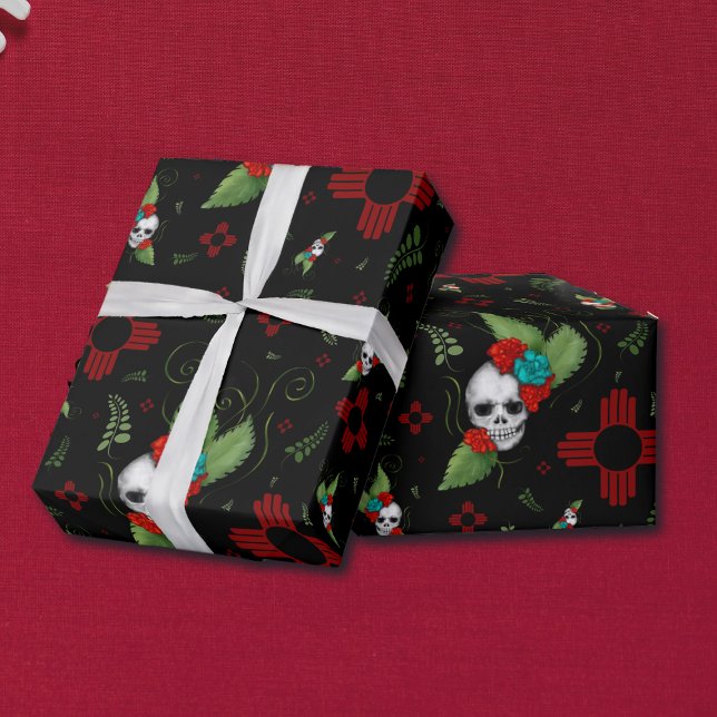 Papel De Regalo Rosas de cráneo Zia Sun Greenery Nuevo México Negr (Subido por el creador)