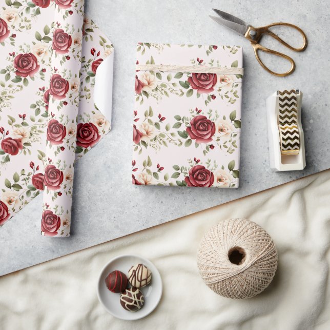 Papel De Regalo Rosas de Crema Roja Rubor Boda Floral Rosa (Artesanía)