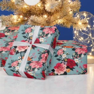 Papel De Regalo Rosas de época y florines de fondo azul