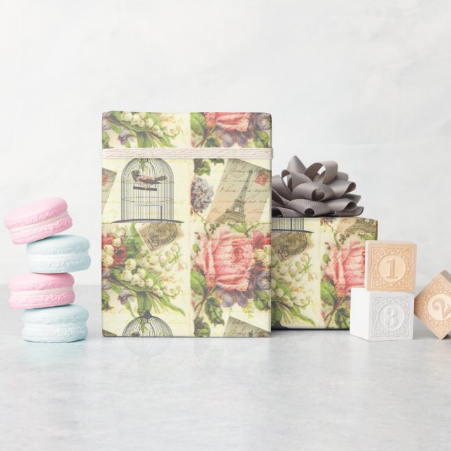 Papel De Regalo Rosas de época y pájaro enjaulado (Baby Shower)