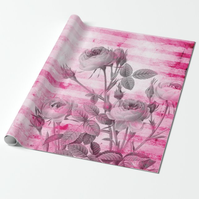 Papel De Regalo Rosas de fondo rosado caliente | Floral (Desenrollado)