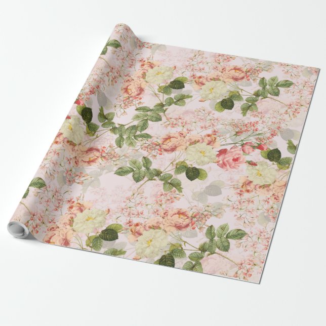 Papel De Regalo Rosas de la antigua Redouté de Rubor con un patrón (Desenrollado)