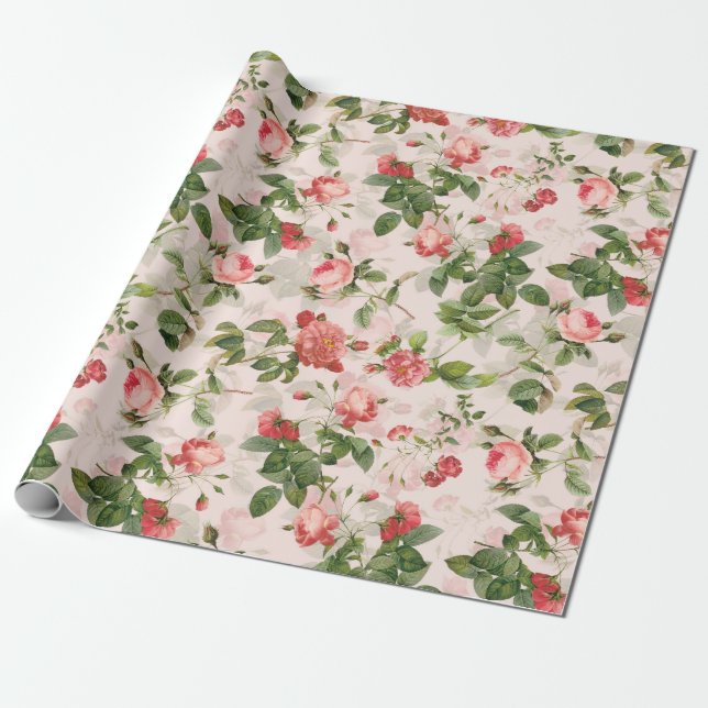 Papel De Regalo Rosas de la antigua Redouté pintados en rosa (Desenrollado)