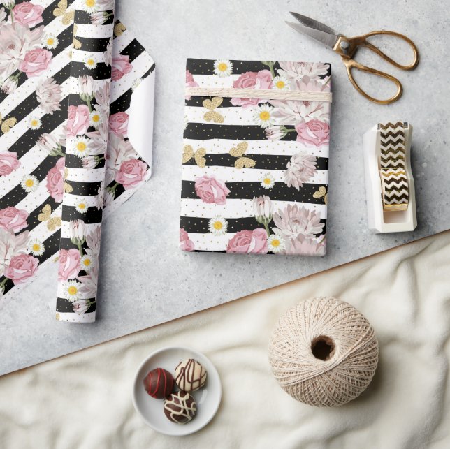 Papel De Regalo Rosas de mariposas de oro bailan regalo de patrón  (Artesanía)