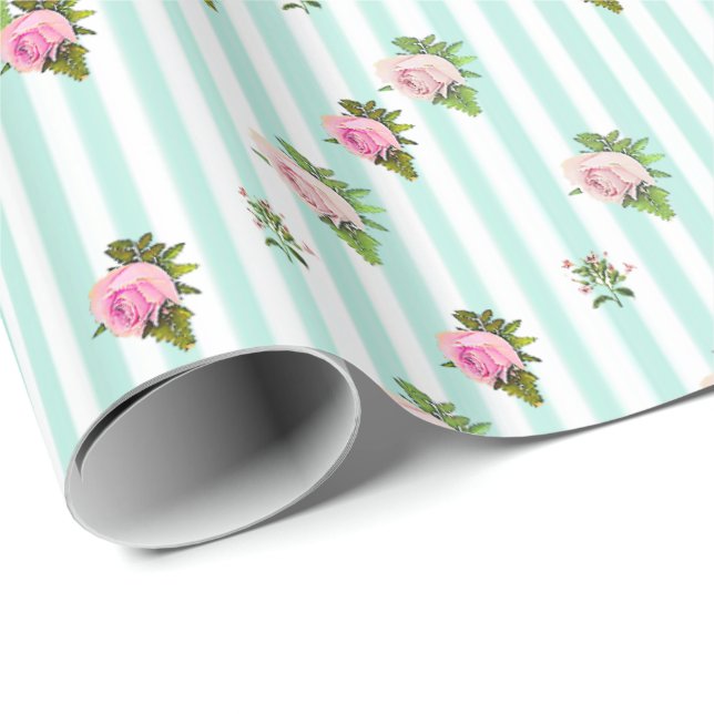 Papel De Regalo Rosas de Moda floral verde azulada y rosa envuelto (Esquina del rollo)