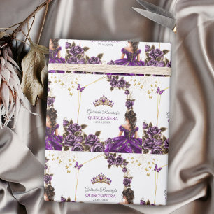 Papel De Regalo Rosas de Tiara Dorada Purpura Quinceañera