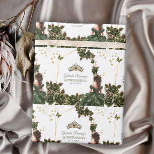 Papel De Regalo Rosas de Tiara Dorada Verde Esmeralda Quinceañera
