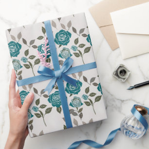 Papel De Regalo Rosas dibujadas en azules y verdes suaves dispersa