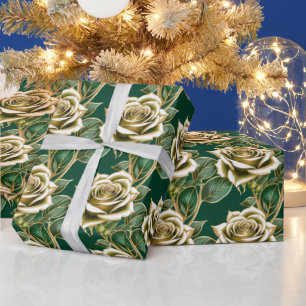 Papel De Regalo Rosas Doradas Con Hojas Verdes Esmeralda