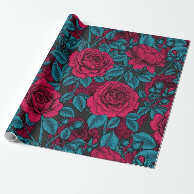 Papel De Regalo Rosas en rojo y azul (Desenrollado)