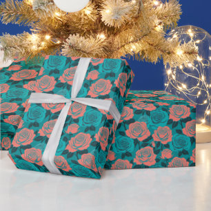 Papel De Regalo Rosas Estilizadas Audazmente En Tonos De Azul Verd