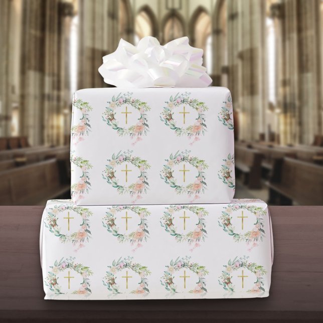 Papel De Regalo Rosas Floral Garland Christian Gold Cross (Roses Floral Garland Christian Gold Cross Wrapping Paper)