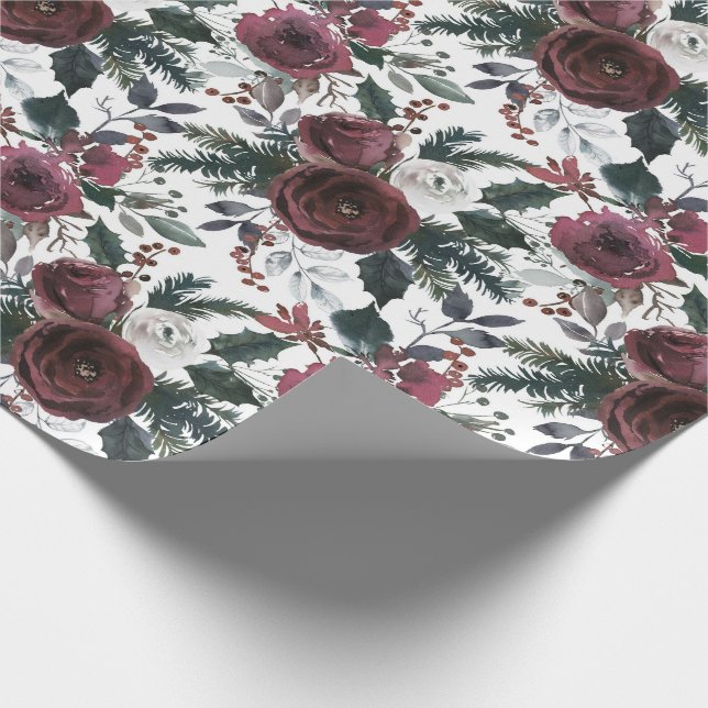 Papel De Regalo Rosas florales de Borgoña en vacaciones Pino Verde (Esquina)