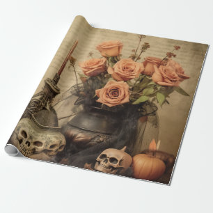 Papel De Regalo Rosas Macabras Vintage Calaveras Sepia