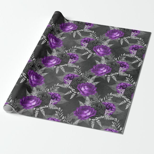 Papel De Regalo Rosas morados negros plata deja jardín oscuro (Desenrollado)
