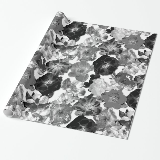 Papel De Regalo Rosas negros y blancos de gran florecimiento (Desenrollado)