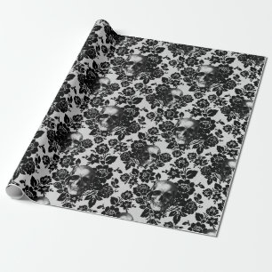 Papel De Regalo Rosas negros y cráneos en blanco