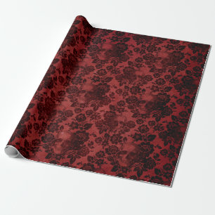 Papel De Regalo Rosas negros y cráneos en rojo