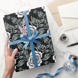 Papel De Regalo Rosas Plateadas Metálicas Con Hojas Verde Oscuro