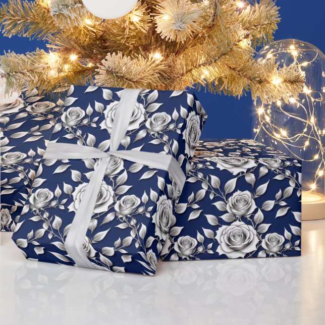 Papel De Regalo Rosas Plateadas Y Blancas (Vacaciones)