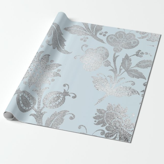 Papel De Regalo Rosas reales de plata azul pastel brillante (Desenrollado)