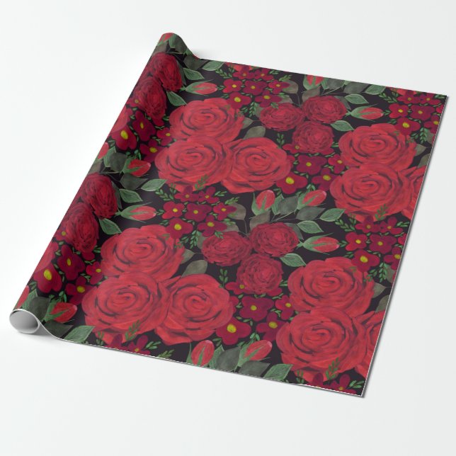 Papel De Regalo rosas rojas acuarelas sobre negro, (Desenrollado)