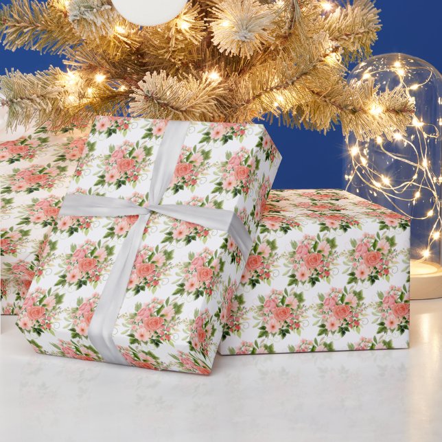 Papel De Regalo Rosas rojas coral con follaje (Vacaciones)