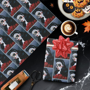 Papel De Regalo Rosas Rojas Elegantes Cráneo de Azúcar Mujer Gótic