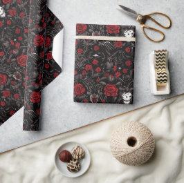 Papel De Regalo Rosas rojas góticas y calaveras