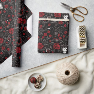 Papel De Regalo Rosas rojas góticas y calaveras