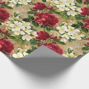 Papel De Regalo Rosas Rojas Lirios Blancos Floral Navideño Vintage