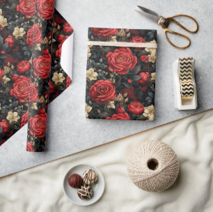 Papel De Regalo Rosas rojas románticas y flores blancas de vainill